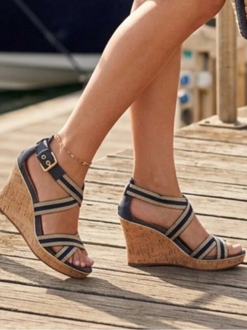 Sperry Wedge Sandals in Gold and Navy